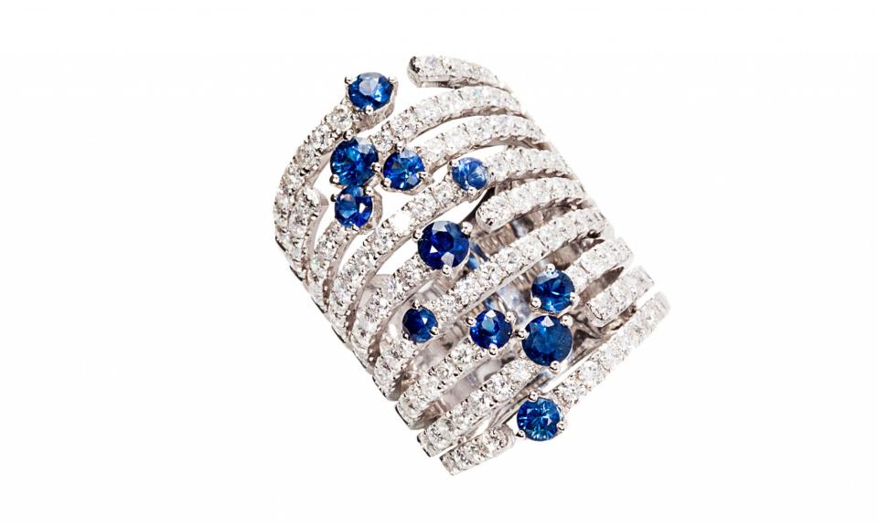 <p>Diamond and Sapphire Cage Ring $11,000.00, <a rel="nofollow noopener" href="http://grazielagems.com/%22%20%5Ct%20%22_blank" target="_blank" data-ylk="slk:Grazielagems.com;elm:context_link;itc:0;sec:content-canvas" class="link ">Grazielagems.com</a> </p>