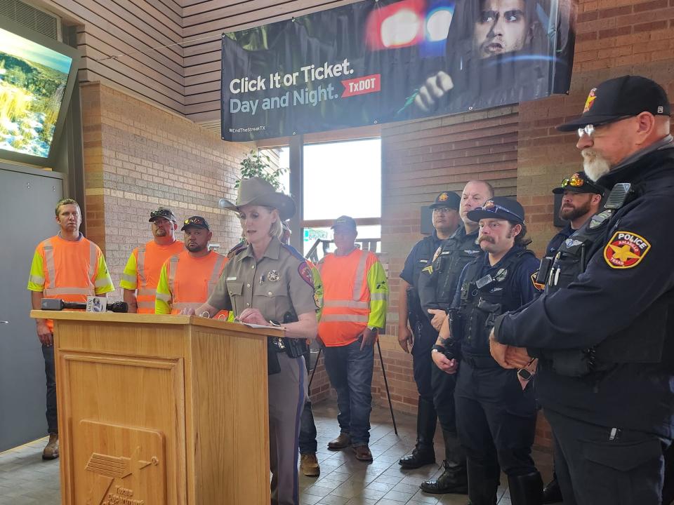 Local law enforcement attend the Click It or Ticket campaign kick off Thursday morning at the Texas Travel Information Center, located at 9700 East I-40, where roadway officials will work to reduce seatbelt related traffic accidents and fatalities.