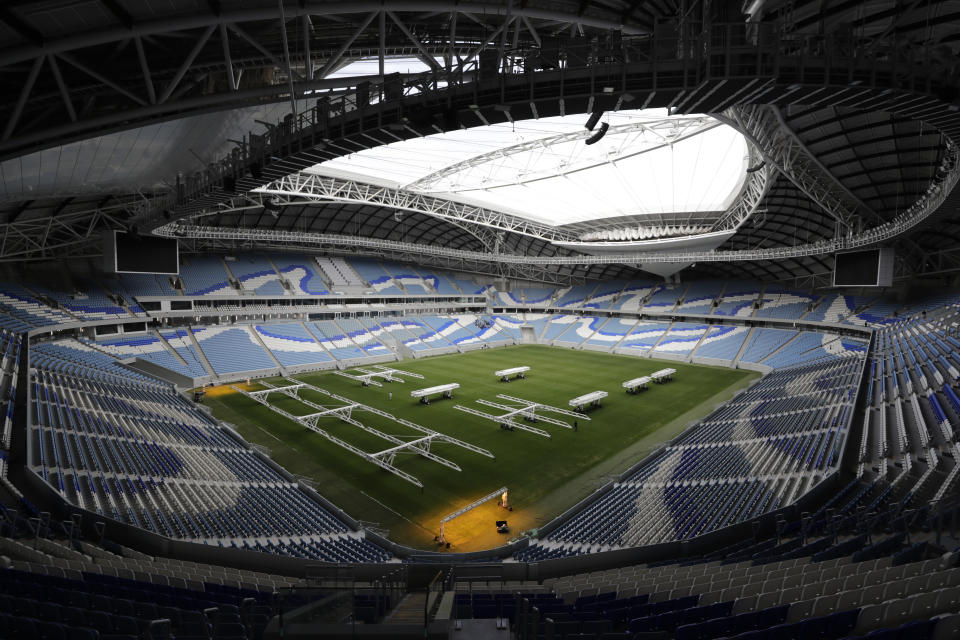 FILE - In this Monday, Dec. 16, 2019 file photo, a view shows the Al Janoub Stadium, one of the 2022 World Cup stadiums, in Doha, Qatar. The 2022 World Cup will open with four games every day in a 12-day group stage and some matches that go into extra time will extend past midnight in Qatar. FIFA on Wednesday July 15, 2020 released the match schedule for the first World Cup to be played across November-December. (AP Photo/Hassan Ammar, File)