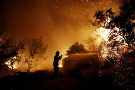A firefighter tries to extinguish a wildfire burning near the village of Kalamos, north of Athens, Greece, August 13, 2017. REUTERS/Costas Baltas