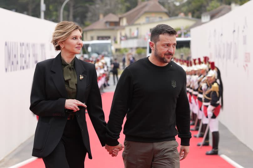 Ukrainian President Volodymyr Zelenskyy and his wife Olena Zelenska, arrive at the international ceremony at Omaha Beach, Thursday, June 6, 2024 in Normandy.