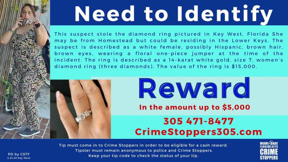 Crime Stoppers of Miami-Dade and the Florida Keys tweeted this flier on Feb. 24, 2021, saying the woman in the photo stole a $15,000 diamond ring in Key West.