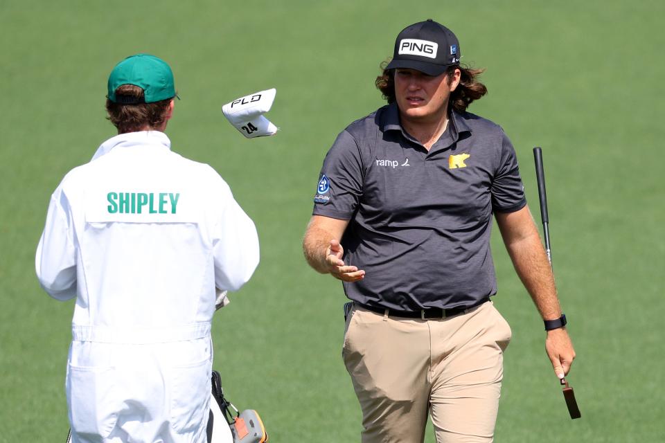 AUGUSTA, GEORGIA - APRIL 10: Neal Shipley of the United States tosses his putter cover to his caddie on the second hole during a practice round prior to the 2024 Masters Tournament at Augusta National Golf Club on April 10, 2024 in Augusta, Georgia. (Photo by Andrew Redington/Getty Images)