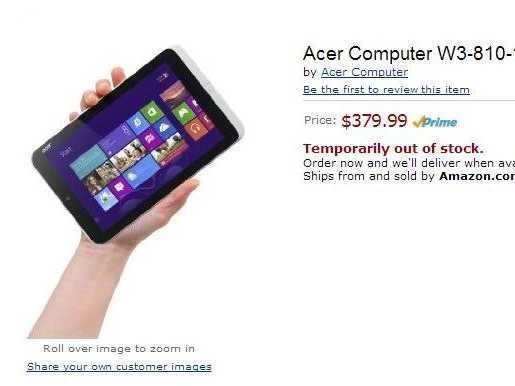 acer 8 inch windows 8 tablet leaks on amazon