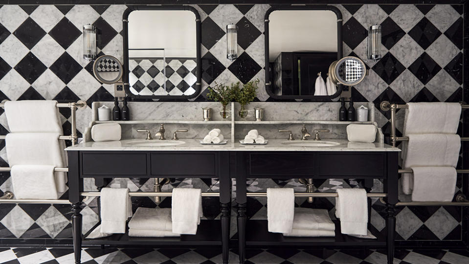 The bathrooms at The Twenty Two have black-and-white marble checkerboard tile.