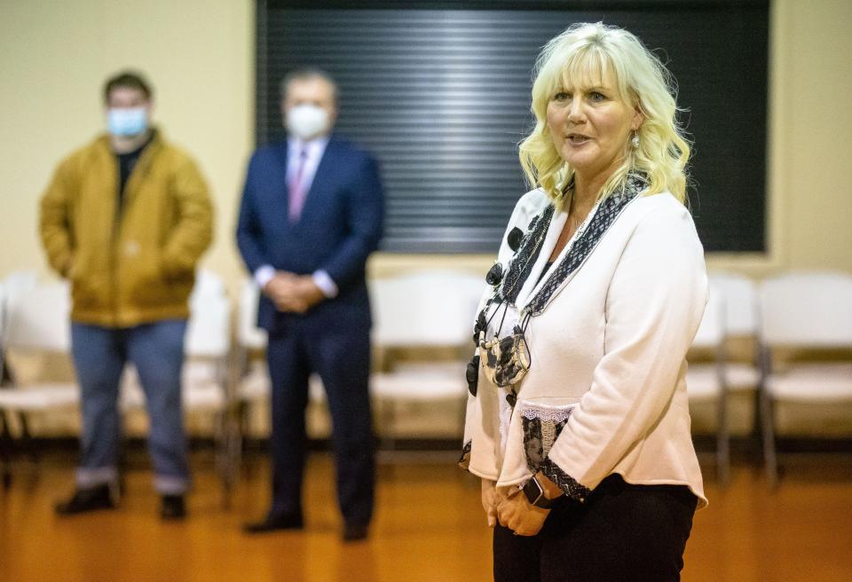 State Rep. Sandy Hamilton, R-Springfield, delivers her first remarks after taking the oath for the 99th District House seat during a ceremony at the Gardner Township Hall in Springfield on Dec. 30, 2021.