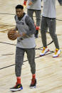 Giannis Antetokounmpo of the Milwaukee Bucks warms up during an NBA All-Star basketball game practice Saturday, Feb. 15, 2020, in Chicago. (AP Photo/David Banks)