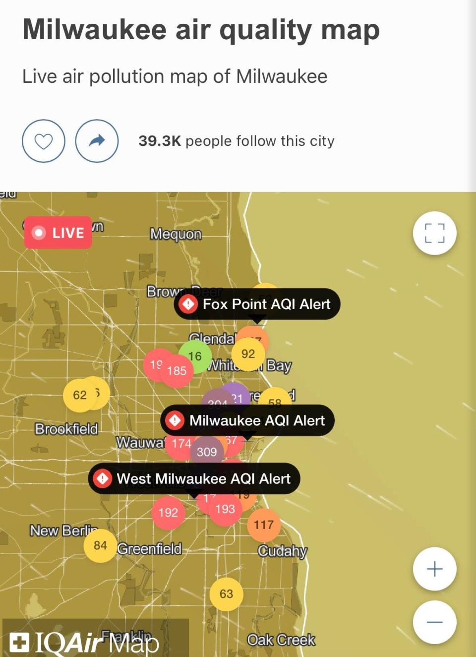 A map of Milwaukee's air quality at 11:50 p.m. July 4 shows several "unhealthy," "very unhealthy" and "hazardous" readings, indicating air pollution produced by fireworks.