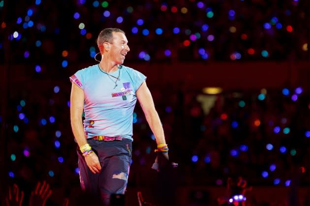 Chris Martin performs on stage during a concert at the Ernst Happel Stadium in Vienna, Austria on August 21, 2024. - Credit: Tobias Steinmaurer/APA/AFP/Getty Images