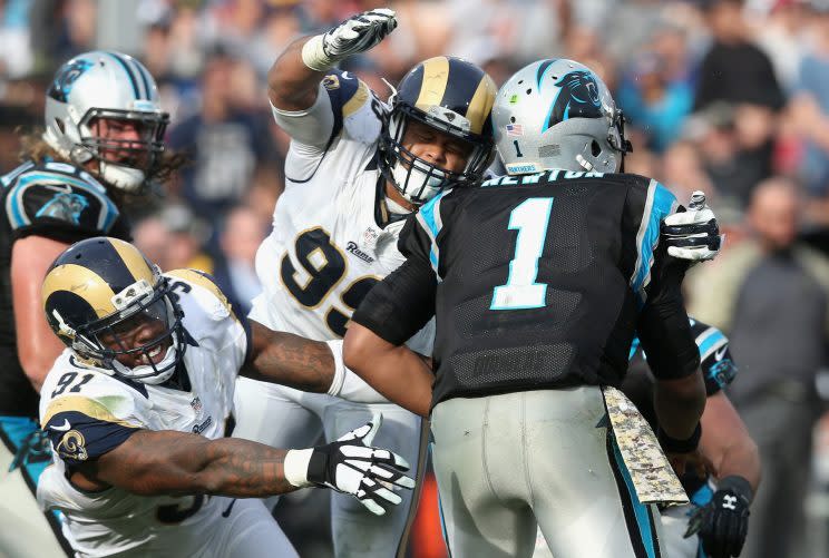 Aaron Donald had an impressive sack against Cam Newton. (Getty Images) 