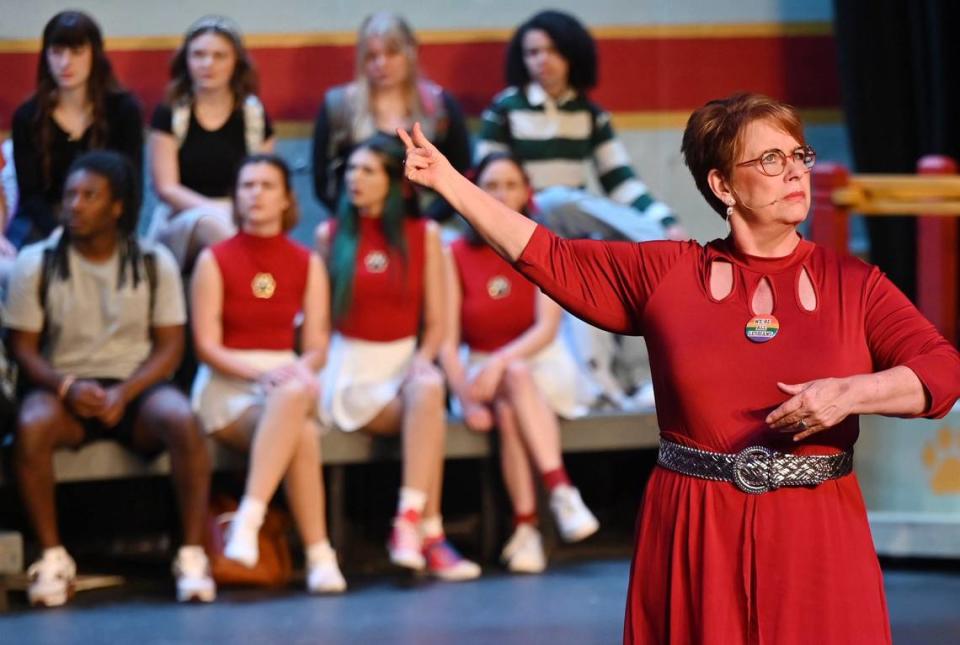 Cindy Sams, performing as Dee Dee Allen, performs “It’s Not About Me” during dress rehearsal for Macon Little Theatre’s production of “The Prom” on Monday, July 8, 2024, in Macon, Georgia. “The Prom” runs from Friday, July 12 to Sunday, July 21 and concludes Macon Little Theatre’s 90th season.