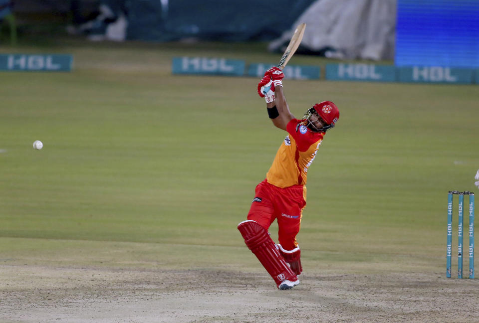 Islamabad United Hussain Talat plays a shot during a Pakistan Super League T20 cricket match between Karachi Kings and Islamabad United at the National Stadium, in Karachi, Pakistan, Wednesday, Feb. 24, 2021. (AP Photo/Fareed Khan)