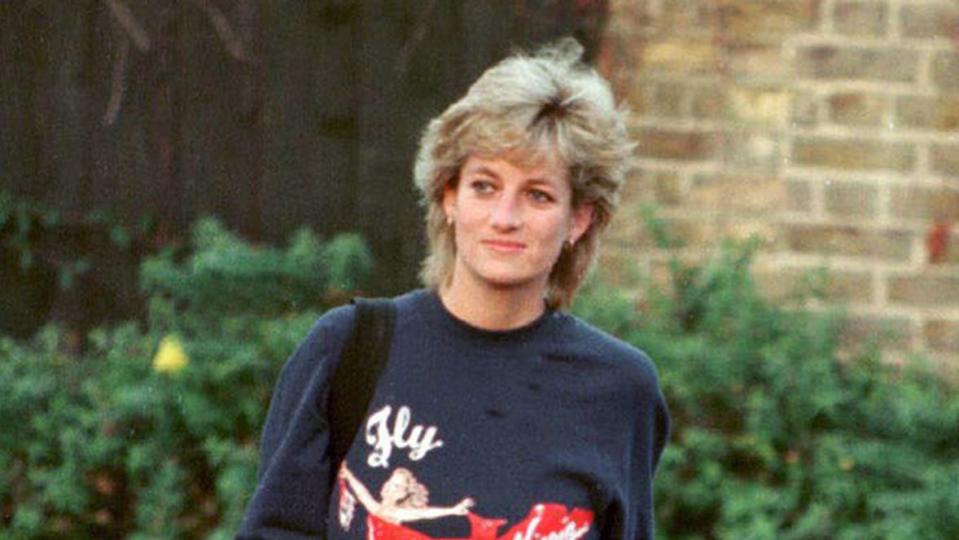 Princess Diana, Princess of Wales, wearing Virgin Atlantic sweatshirt, leaves Chelsea Harbour Club, London in November, 1995