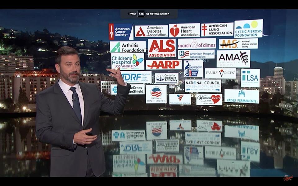 Dozens of medical associations and insurance&nbsp;groups have come out against the Graham-Cassidy legislation to repeal Obamacare. (Photo: Jimmy Kimmel Live)