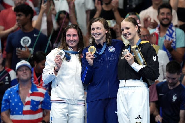 France’s Anastasiia Kirpichnikova (left to right), USA’s Katie Ledecky and Germany’s Isabel Gose on the podium