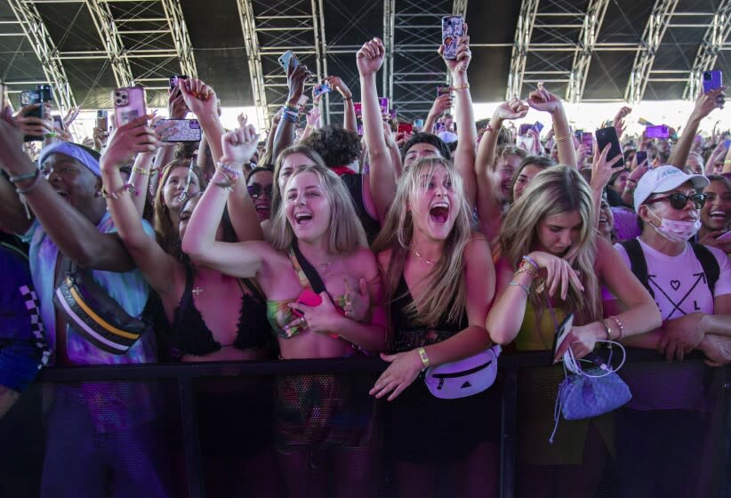 INDIO, CA - APRIL 15, 2022: Crowds of music fans cheer as City Girls perform on the Sahara stage on the first day of the Coachella Music Festival on April 15, 2022 in Indio, California.(Gina Ferazzi / Los Angeles Times)