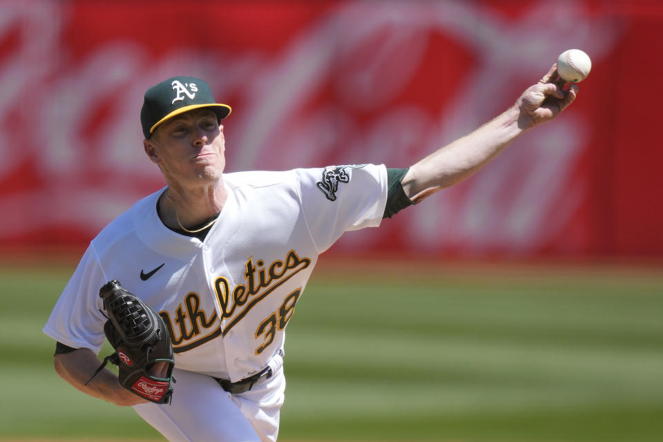 Oakland Athletics pitcher JP Sears works against the New York Mets during the first inning of a baseball game in Oakland, Calif., Sunday, April 16, 2023. (AP Photo/Jeff Chiu)
