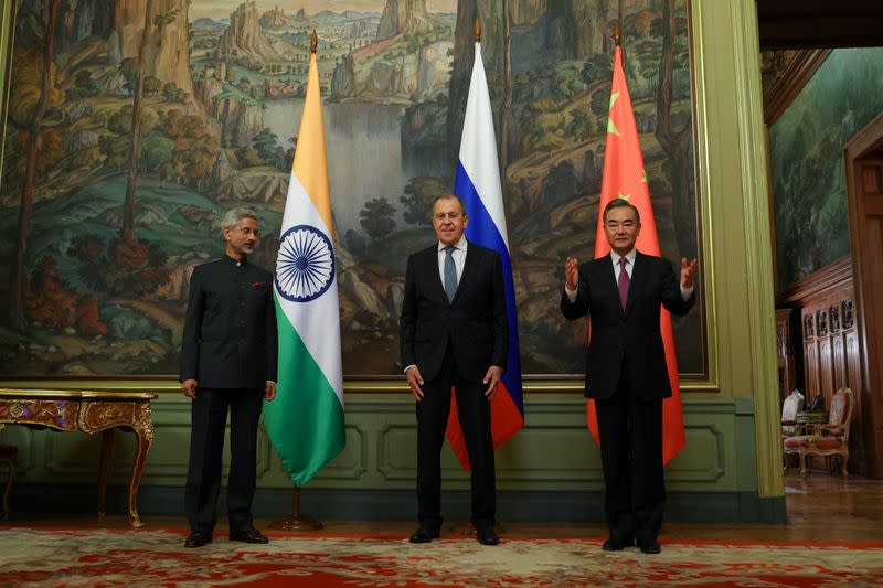 Russia's Foreign Minister Sergei Lavrov, India's Foreign Minister Subrahmanyam Jaishankar and China's State Councillor Wang Yi attend a meeting in Moscow