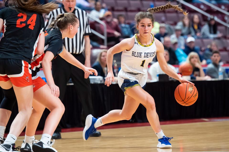 Greencastle-Antrim's Haley Noblit (1) dribbles the ball during the District 3 Class 5A girls' basketball championship against York Suburban at the Giant Center on March 2, 2023, in Derry Township.