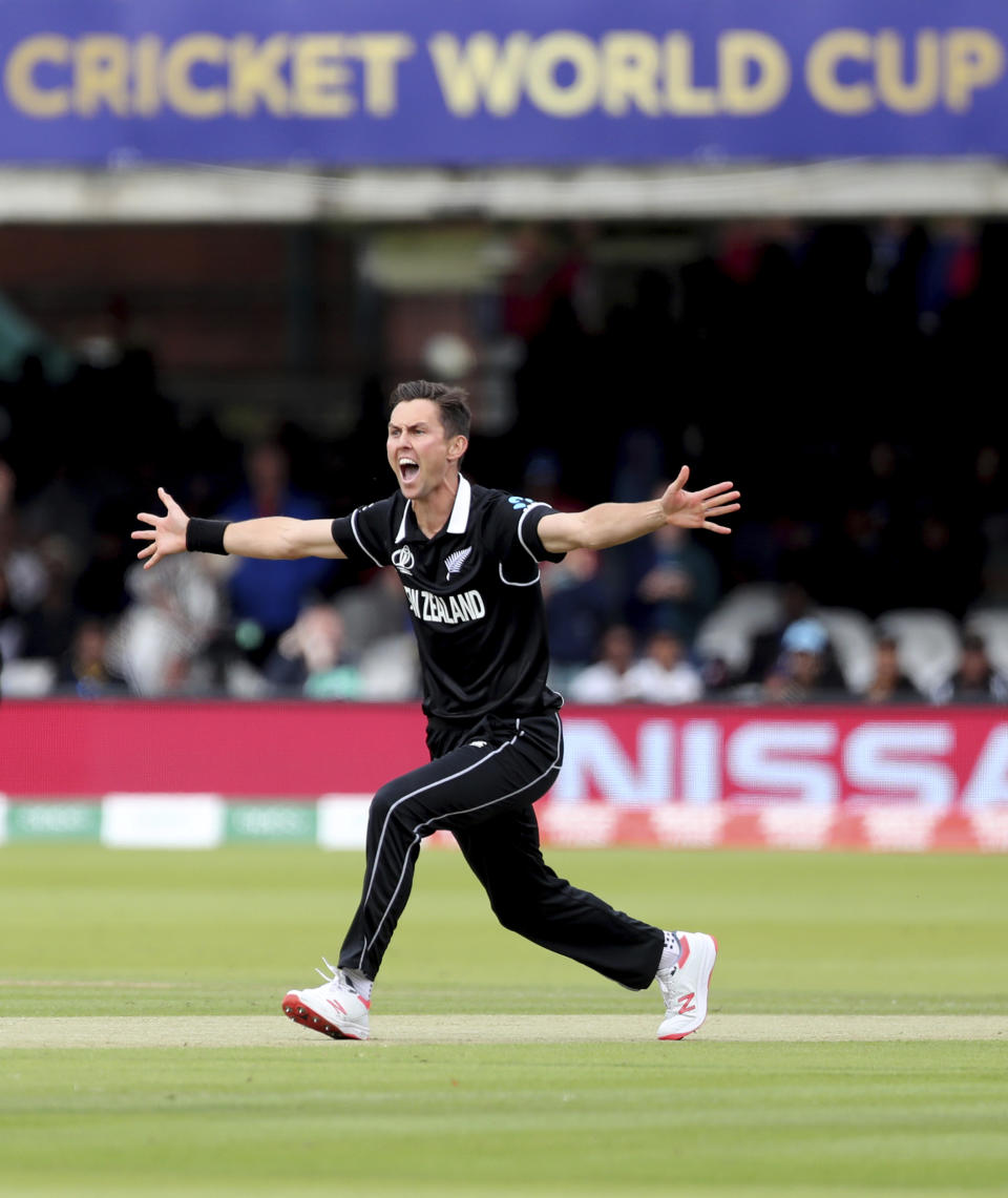 New Zealand's Trent Boult appeals unsuccessfully for the wicket of England's Jason Roy during the Cricket World Cup final match between England and New Zealand at Lord's cricket ground in London, England, Sunday, July 14, 2019. (AP Photo/Aijaz Rahi)