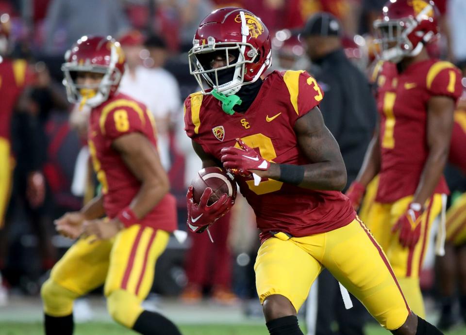 USC wide receiver Jordan Addison warms up before a win over Fresno State at the Coliseum in September.