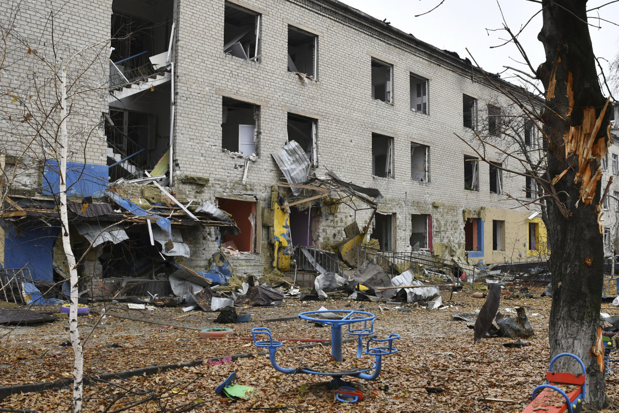 A school destroyed by Russian shelling is seen in Pokrovsk, Donetsk region, Ukraine, Friday, Nov. 4, 2022. (AP Photo/Andriy Andriyenko)