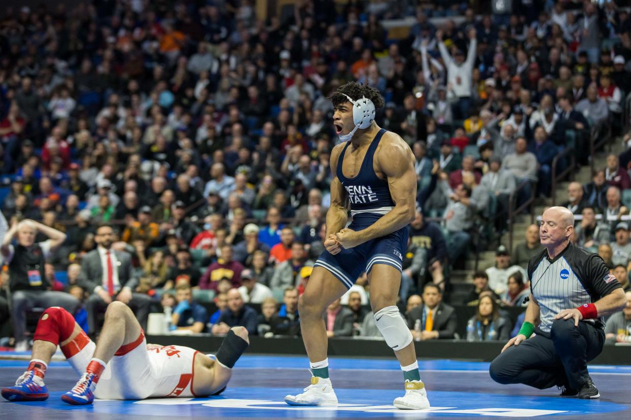 Carter Starocci celebrates his victory. (Brett Rojo/USA TODAY Sports via Reuters)