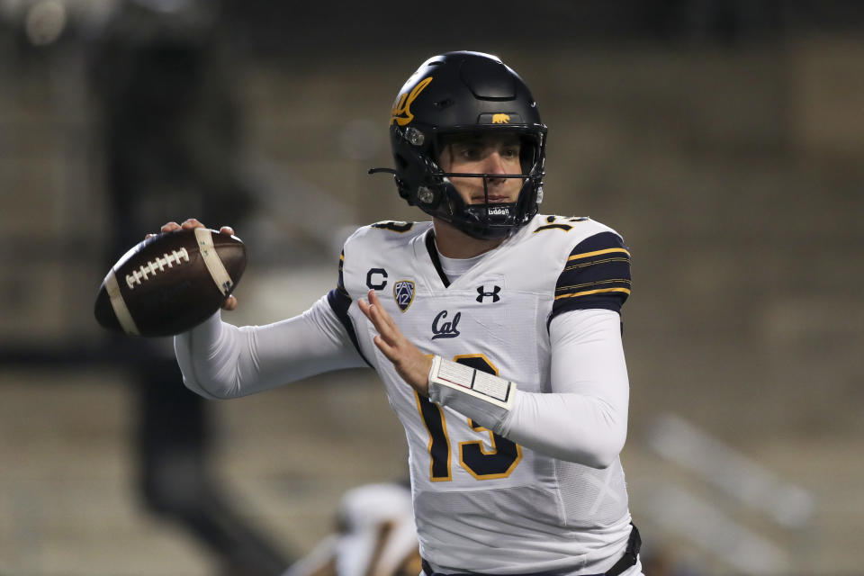 California quarterback Jack Plummer (13) throws against Oregon State during the first half of an NCAA college football game on Saturday, Nov 12, 2022, in Corvallis, Ore. (AP Photo/Amanda Loman)