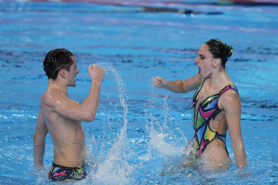 Dennis Gonzalez Boneu and Mireia Hernandez Luna, of Spain, compete in the mixed duet free final of artistic swimming at the World Aquatics Championships in Doha, Qatar, Saturday, Feb. 10, 2024. (AP Photo/Lee Jin-man)