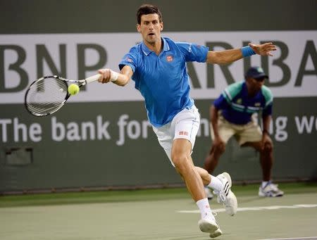 Mar 14, 2015; Indian Wells, CA, USA; Novak Djokovic (SRB) during his second round match against Marcos Baghdatis (CYP) in the BNP Paribas Open at the Indian Wells Tennis Garden. Djokovic won 6-1, 6-3. Mandatory Credit: Jayne Kamin-Oncea-USA TODAY Sports