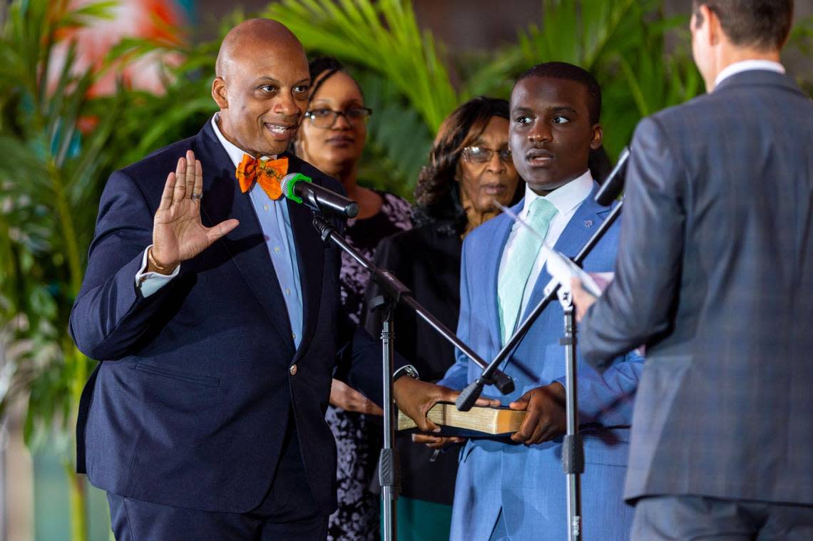 Oliver Gilbert takes the oath of office during his swearing-in ceremony as the new chair of the Miami-Dade County Commission at Hard Rock Stadium in Miami Gardens, Florida, on Thursday, December 15, 2022.