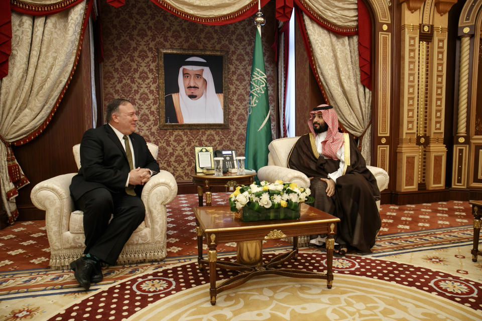 Secretary of State Mike Pompeo meets with Saudi Arabia's Crown Prince Mohammed bin Salman, right, at Al Salam Palace in Jeddah, Saudi Arabia, Monday, June 24, 2019. (AP Photo/Jacquelyn Martin, Pool)