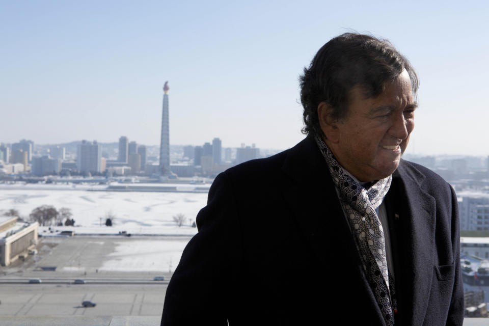 FILE - In this Jan. 9, 2013, file photo, former New Mexico Bill Richardson stands on a balcony at the Grand Peoples Study House overlooking Juche Tower in Pyongyang, North Korea. At the negotiating table, it can be difficult to get the North Koreans off their scripted talking points. (AP Photo/David Guttenfelder, File)