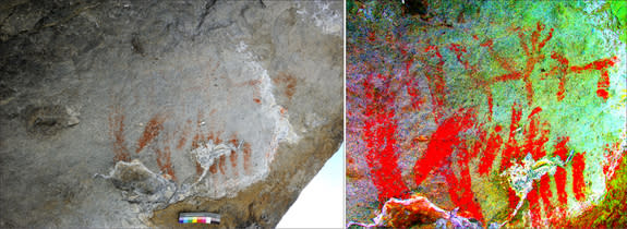 A series of simple parallel lines along with two animal figures can be seen in rock paintings at Abri Faravel (normal light on left; digital enhancement on right).