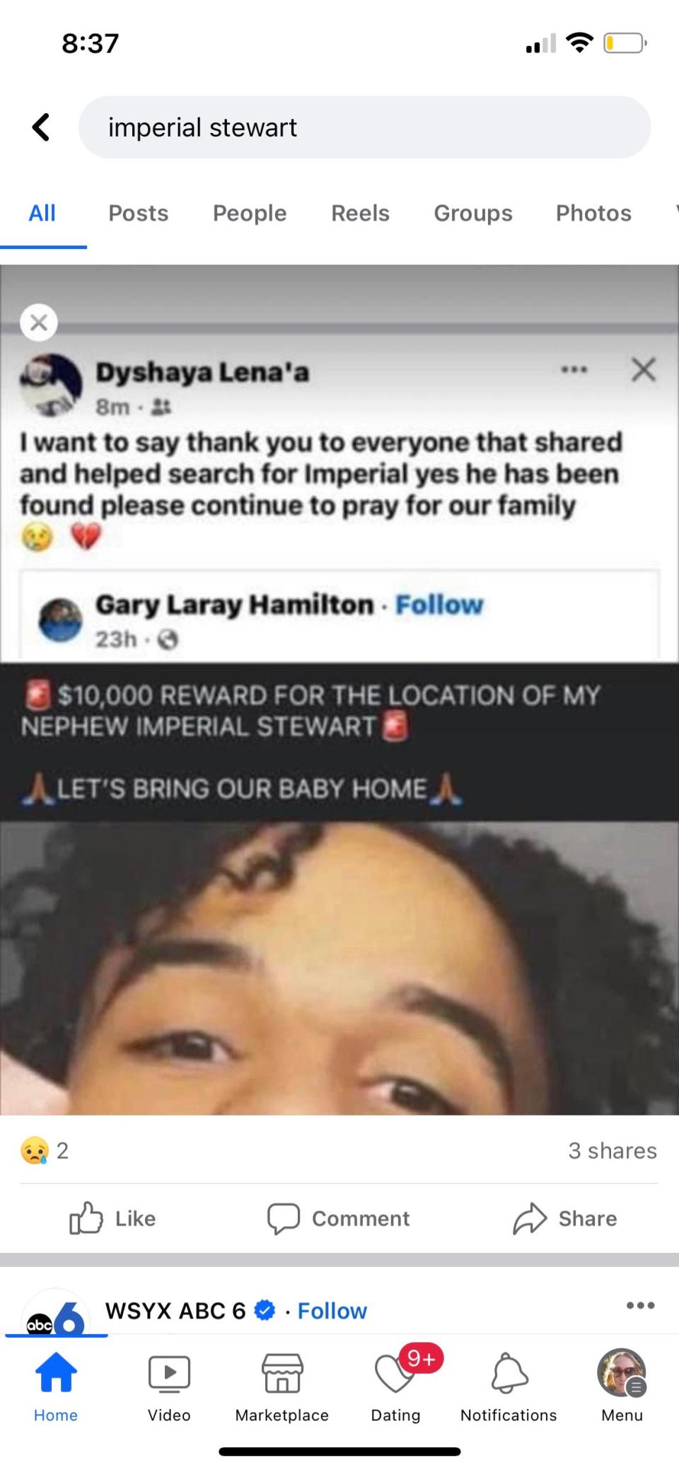 A message posted on social media Tuesday night by a relative of missing 17-year-old Imperial Stewart reported he has been found, but urged prayers for the family and contained crying and broken heart emojis.