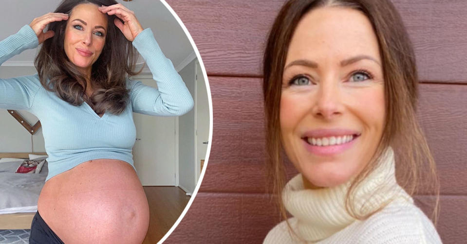 L: Home and Away star Esther Anderson showing off her pregnant belly. R: Esther Anderson in a turtleneck jumper with her hair tied up