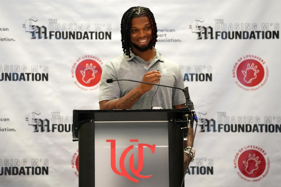 Buffalo Bills safety Damar Hamlin speaks following a hands-only CPR training event as part of the Chasing M’s
Foundation CPR tour, Saturday, July 22, 2023, at Tangeman University Center on the campus of the University of Cincinnati in Cincinnati.