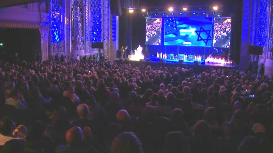 The Israeli-American Council of Los Angeles held a special event on Nov. 7, 2023 at the Saban Theater in Beverly Hills where those affected by the war gathered to share their stories while calling for hostages’ freedom amid the Israel-Hamas War. (KTLA)