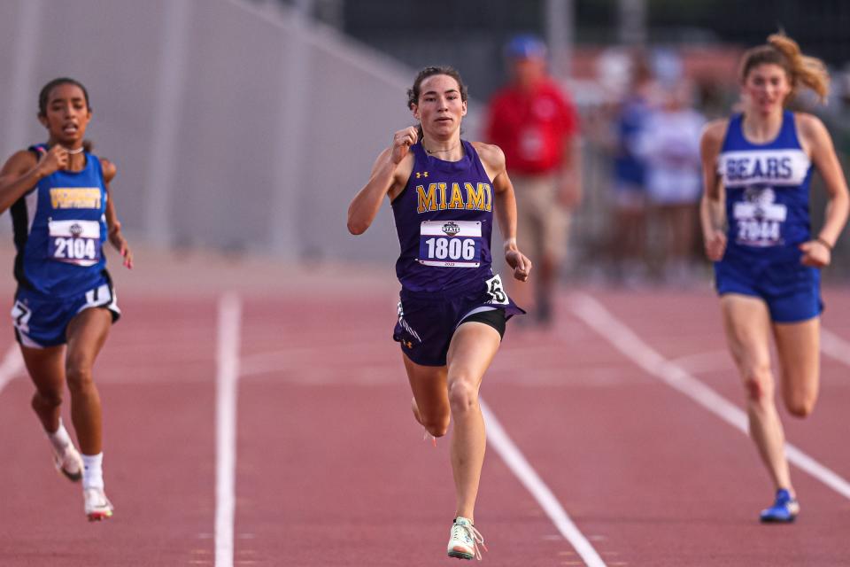 Miami's Anna Hudson competes in the girls 1A 200 meter dash on Saturday May 14, 2022 at the UIL State Track & Field Meet in Austin, Texas.