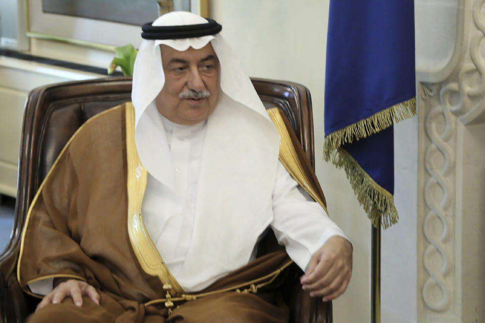 Saudi Foreign Minister Ibrahim Bin Abdulaziz Al-Assaf talks with Cyprus' president Nicos Anastasiades during their meeting at the presidential palace in capital Nicosia, Cyprus, Wednesday Sept. 11, 2019. (AP Photo/Petros Karadjias)