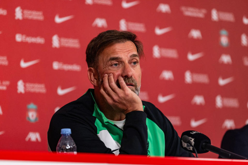 KIRKBY, ENGLAND - JANUARY 26: Jurgen Klopp of Liverpool addresses the media at a club press conference ahead of the Emirates FA Cup tie with Norwich City at AXA Training Centre on January 26, 2024 in Kirkby, England. The club and Jurgen Klopp announced earlier in the day that he was to leave the club at end of the current season bringing an end to his successful nine year spell at the club. (Photo by Nikki Dyer - LFC/Liverpool FC via Getty Images)