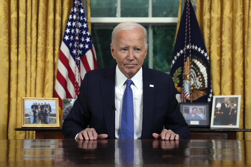 WASHINGTON, DC - JULY 24: U.S. President Joe Biden speaks from the Oval Office of the White House on July 24, 2024 in Washington, DC. The president discussed the reasons for abruptly ending his candidacy for a second term after initially rebuffing calls from some leading Democrats to do so, and outlined what he hopes to accomplish in his remaining months in office. (Photo by Evan Vucci-Pool/Getty Images)