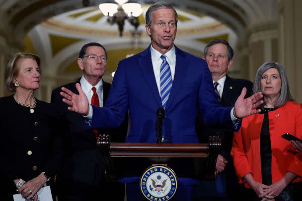 PHOTO: Senator John Thune speaks to reporters on Capitol Hill in Washington, March 28, 2023. (Evelyn Hockstein/Reuters)