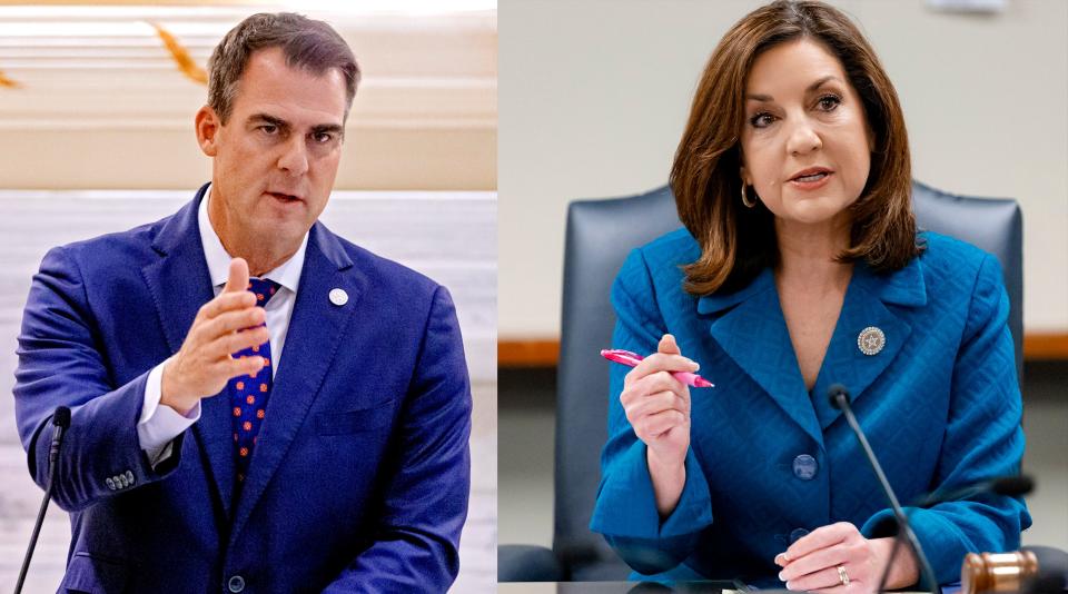 Left image: Gov. Kevin Stitt speaks Sept. 24, 2021, during a news conference at the Oklahoma state Capitol. Right image: State schools Superintendent Joy Hofmeister speaks March 16, 2020, in Oklahoma City.