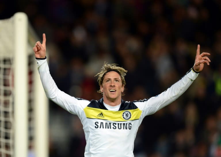 Chelsea's forward Fernando Torres celebrates after scoring against Barcelona in April 2012