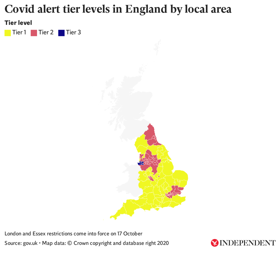 Covid alert tier levels in England by local areaThe Independent