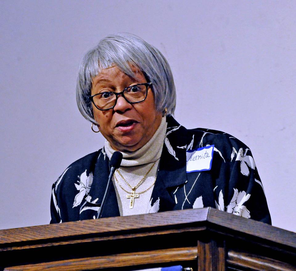 Wooster-Orrville NAACP President Juanita Greene addresses the audience to start this year/s Martin Luther King Jr. Day service at the First Presbyterian Church in Wooster on Monday.