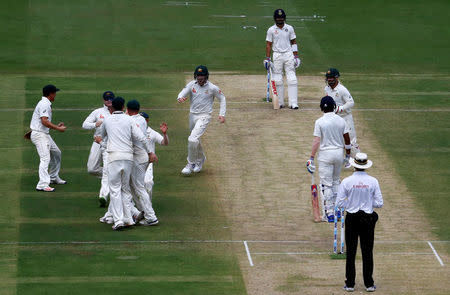 Australia's players celebrate the wicket of India's captain Virat Kohli. REUTERS/Danish Siddiqui