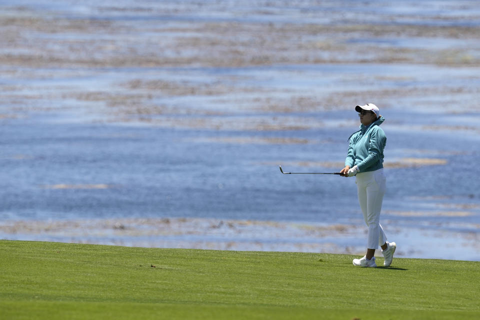 Rose Zhang follows her shot from the fourth fairway during the third round of the U.S. Women's Open golf tournament at the Pebble Beach Golf Links, Saturday, July 8, 2023, in Pebble Beach, Calif. (AP Photo/Darron Cummings)