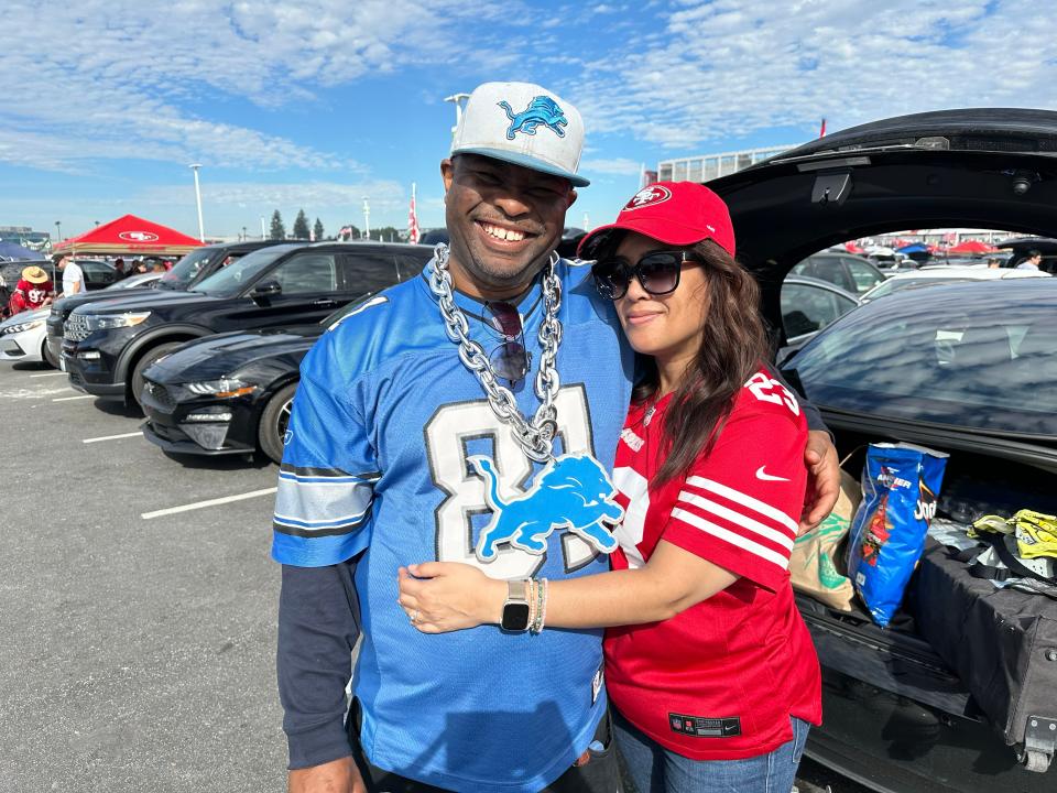 Sonya Taylor-Hirsch, right, is a longtime 49ers fan but supports the dream of her husband, Levi Hirsch, to see the Lions in the Super Bowl. The two have bonded over their love for football since 2004.